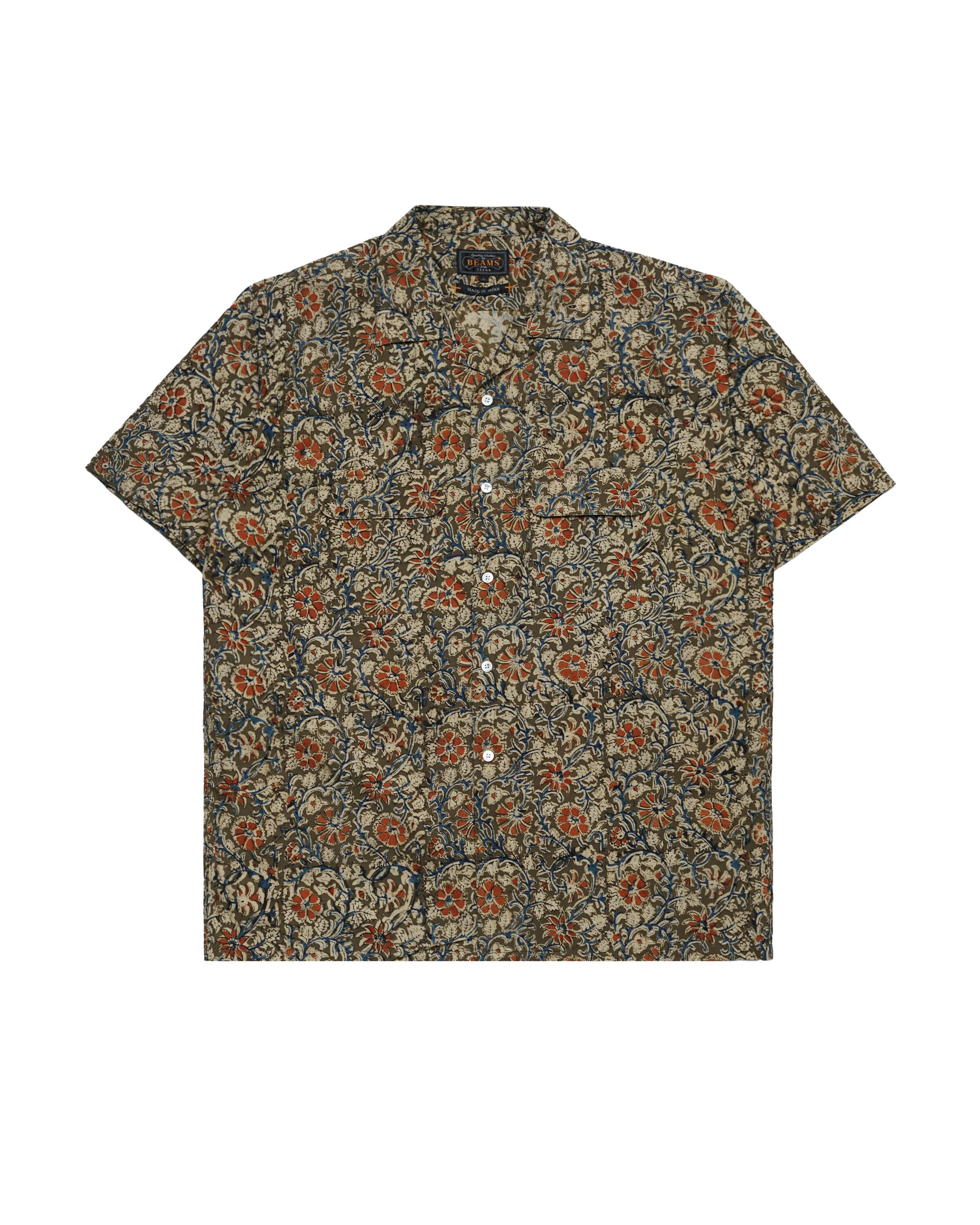 Beams+ Open Collar Short Sleeve Block Print